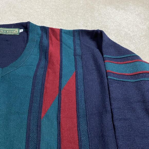 VTG Gilt Edge Sweater Mens M Navy Teal V Neck Wool Britain 90s Textured Grandpa - Picture 4 of 8